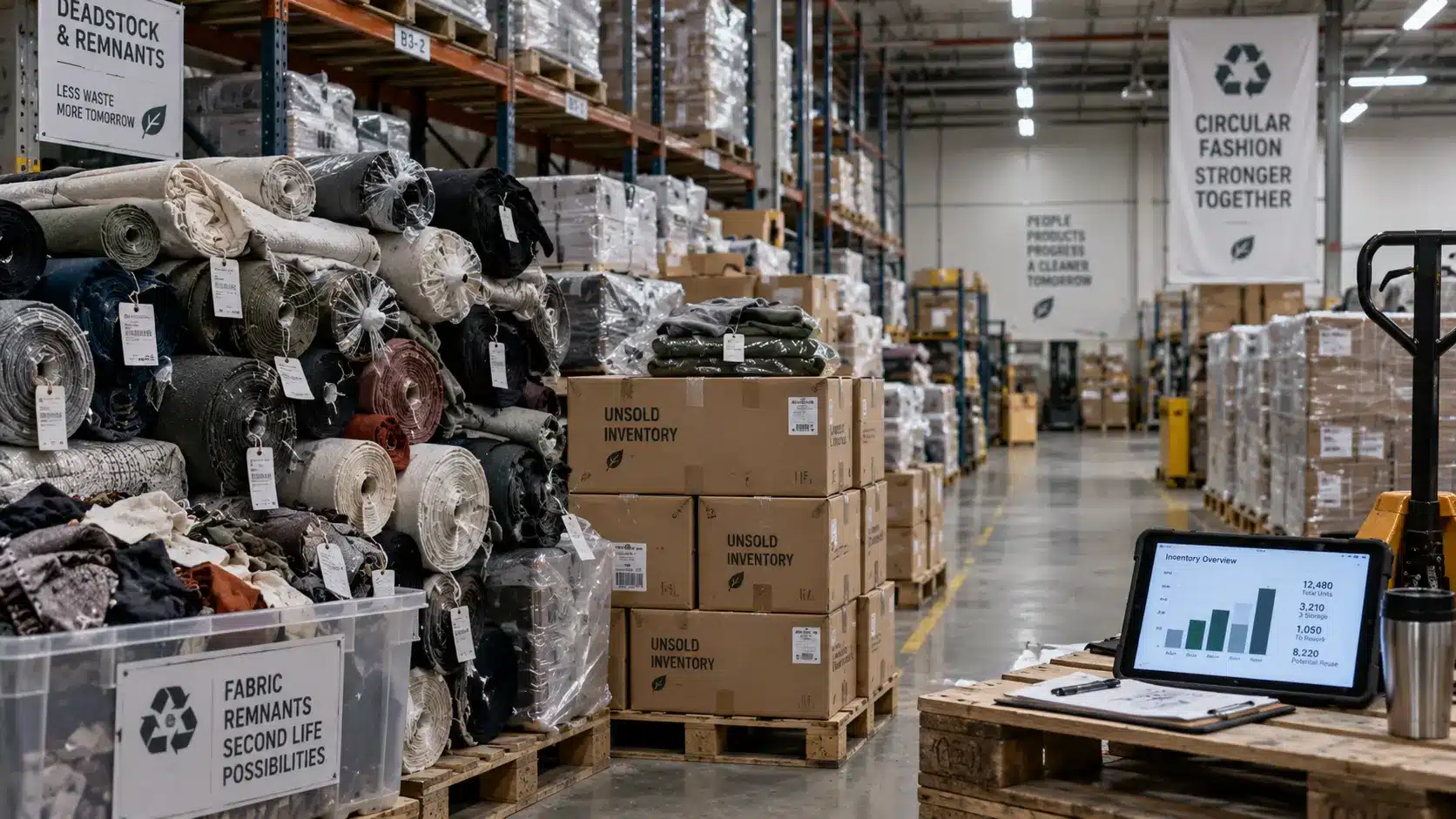 Textile waste in fashion production: rolls of leftover fabric and unsold garment inventory stacked in a warehouse, next to a tablet showing production quantity data
