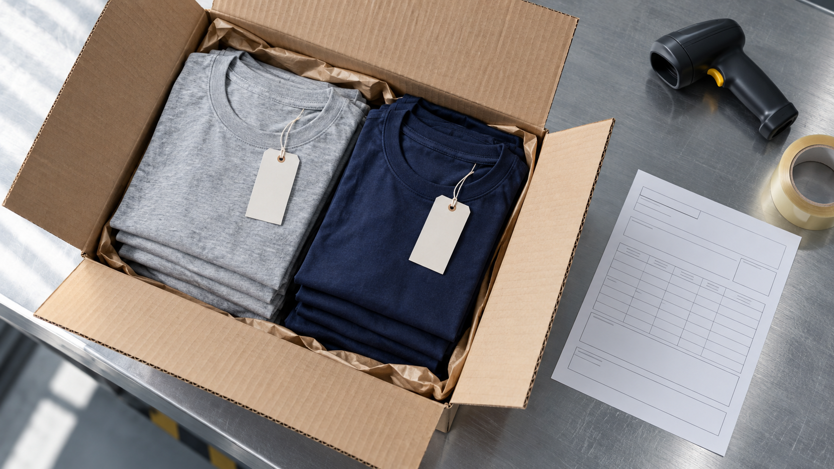 De minimis tariff impact on apparel: a customs-declared parcel of folded cotton T-shirts on a fulfillment table