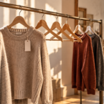 Sell-through rate in apparel retail: a clothing rail with a few remaining knit sweaters in mixed sizes