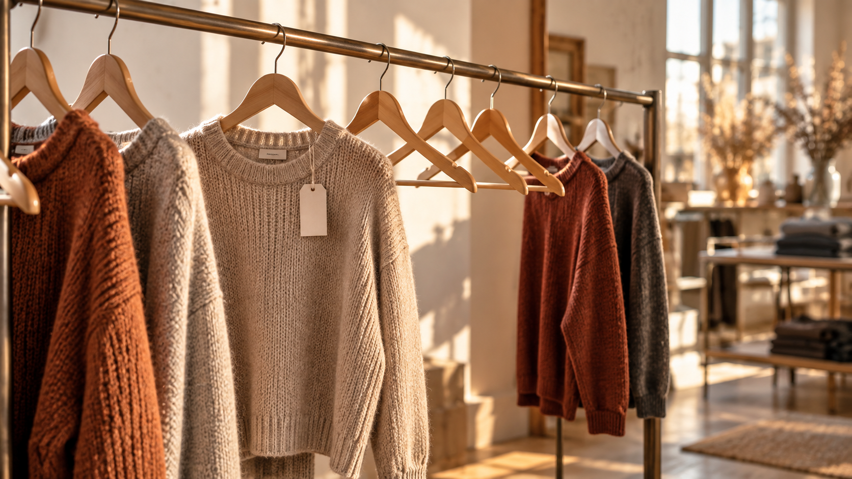 Sell-through rate in apparel retail: a clothing rail with a few remaining knit sweaters in mixed sizes