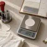 Fabric GSM being checked with a circular cutter and digital scale next to a folded heavyweight cotton T-shirt