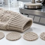 Fabric pilling test: close-up of a knitted sweater sleeve with visible pills next to circular Martindale test specimens and a grey photographic rating scale on a lab bench