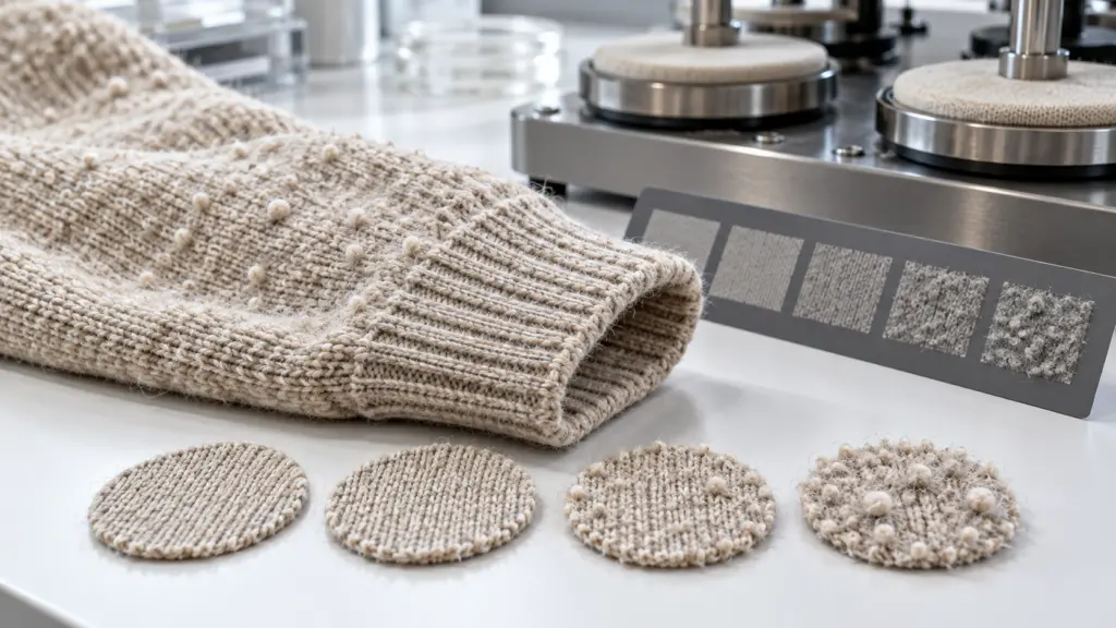Fabric pilling test: close-up of a knitted sweater sleeve with visible pills next to circular Martindale test specimens and a grey photographic rating scale on a lab bench