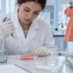 OEKO-TEX testing in a textile lab: a technician pipettes a dyed fabric sample next to a hanging children's knit dress