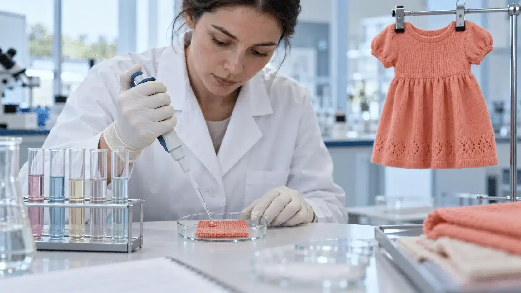 OEKO-TEX testing in a textile lab: a technician pipettes a dyed fabric sample next to a hanging children's knit dress