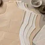 Pattern grading: nested paper bodice patterns in five sizes on a cutting table with a grading ruler