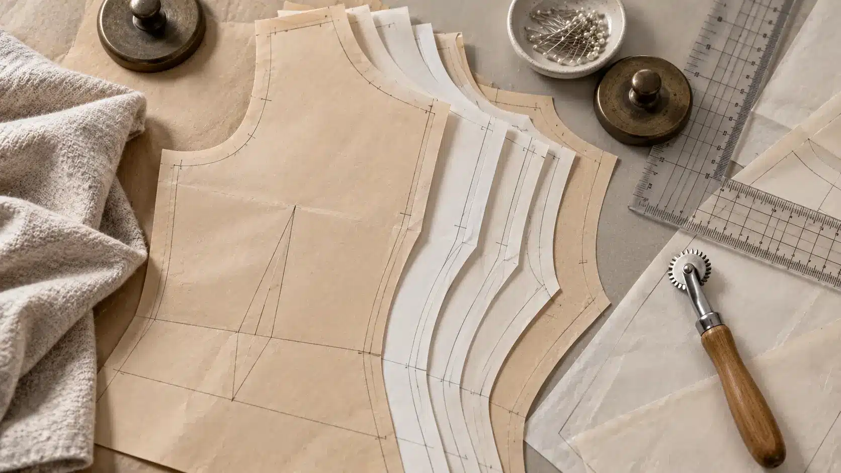 Pattern grading: nested paper bodice patterns in five sizes on a cutting table with a grading ruler