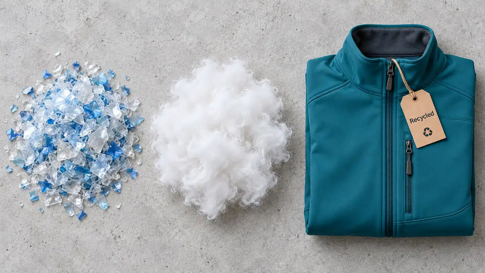 Recycled polyester fabric flat-lay: clear PET bottle flakes, white polyester fibre and a folded teal softshell jacket with a recycled-content hangtag