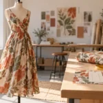 Viscose fabric for apparel brands: a fluid printed viscose midi dress on a dress form beside a cutting table with a shrinkage test swatch and measuring tape