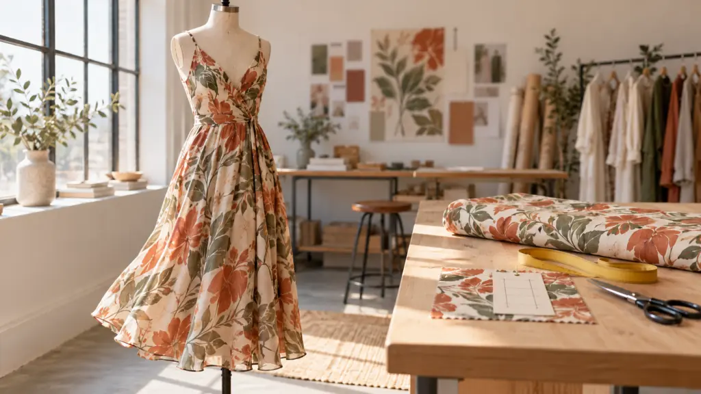 Viscose fabric for apparel brands: a fluid printed viscose midi dress on a dress form beside a cutting table with a shrinkage test swatch and measuring tape