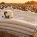 Better Cotton sourcing: a stack of undyed cotton T-shirts with an open cotton boll on a wooden crate at the edge of a cotton field at golden hour