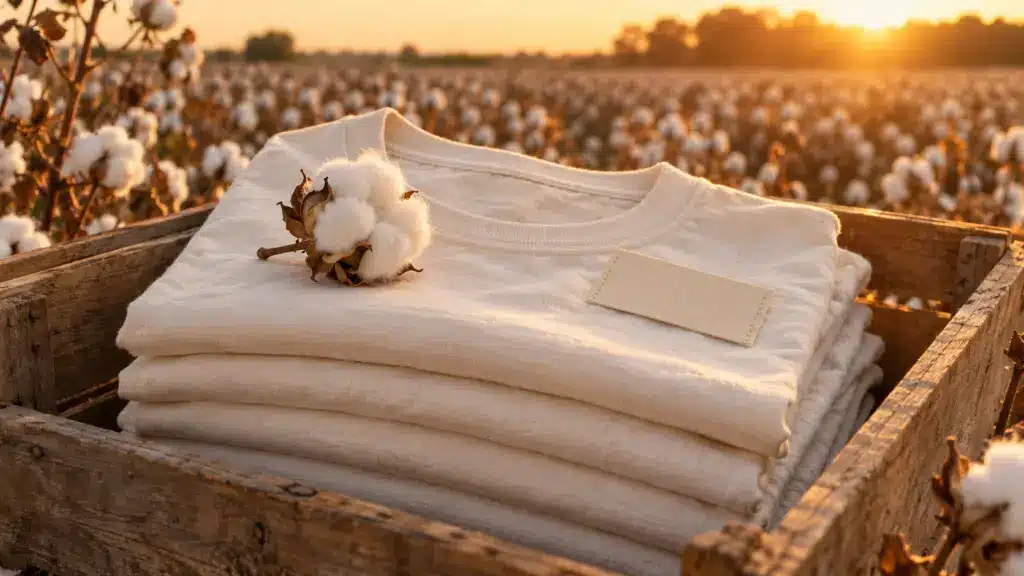 Better Cotton sourcing: a stack of undyed cotton T-shirts with an open cotton boll on a wooden crate at the edge of a cotton field at golden hour