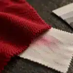 Colorfastness testing close-up: a deep red knit swatch beside a white cotton crocking cloth showing a faint pink rub mark and a grey scale card