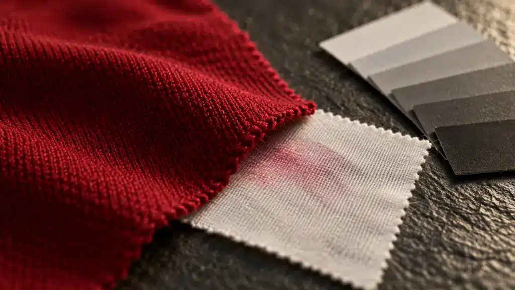 Colorfastness testing close-up: a deep red knit swatch beside a white cotton crocking cloth showing a faint pink rub mark and a grey scale card