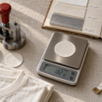 Fabric GSM being checked with a circular cutter and digital scale next to a folded heavyweight cotton T-shirt