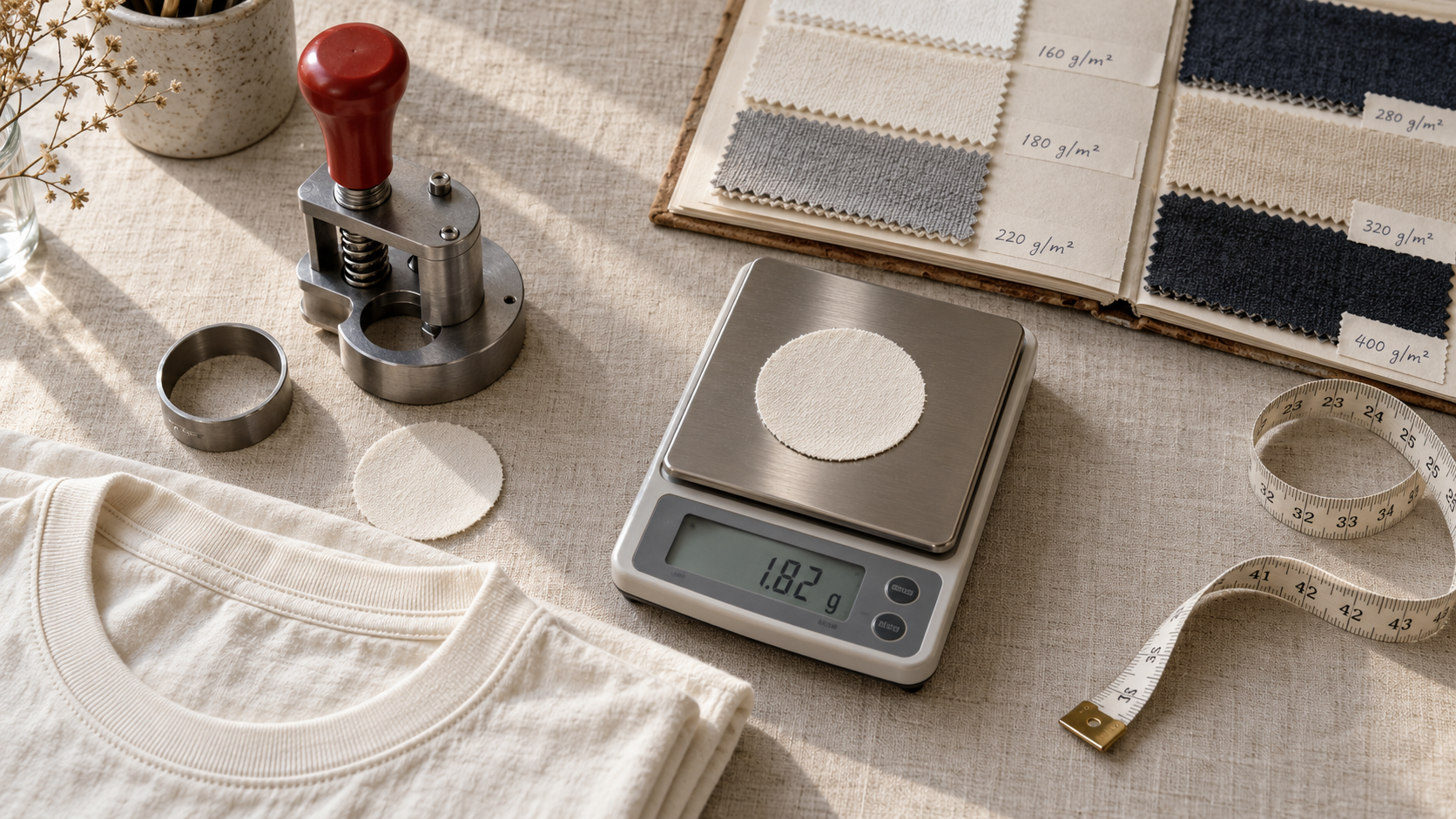 Fabric GSM being checked with a circular cutter and digital scale next to a folded heavyweight cotton T-shirt