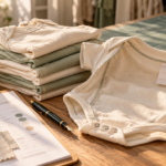 GOTS certification paperwork beside organic cotton baby bodysuits and a sewn-in care label on a workroom table