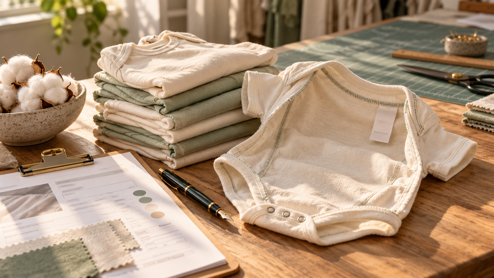 GOTS certification paperwork beside organic cotton baby bodysuits and a sewn-in care label on a workroom table